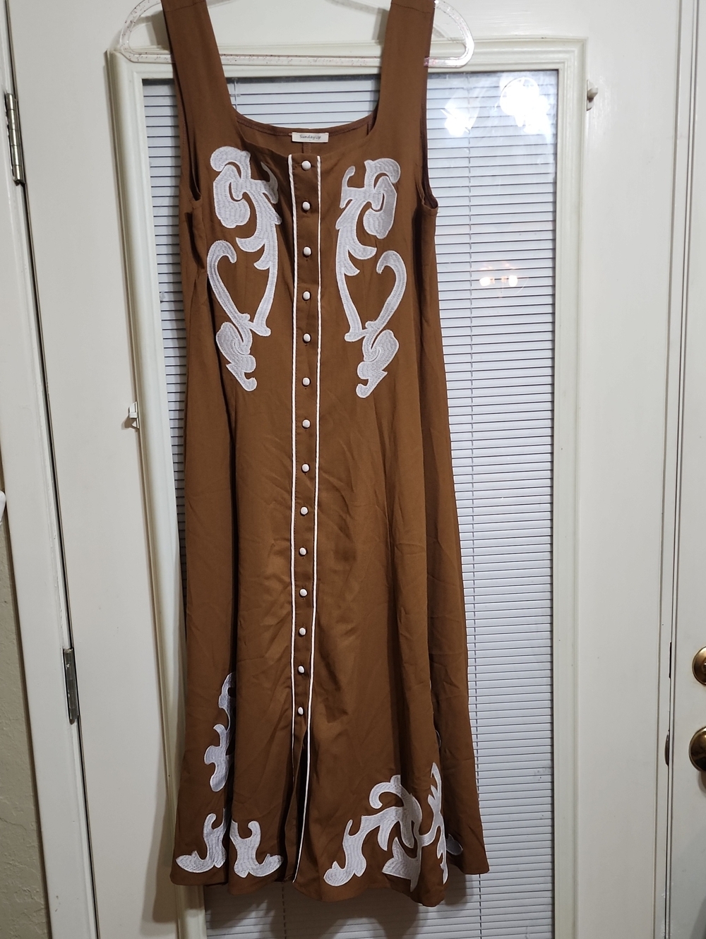 Sunday Brown Maxi Dress with White Embroidered Trim